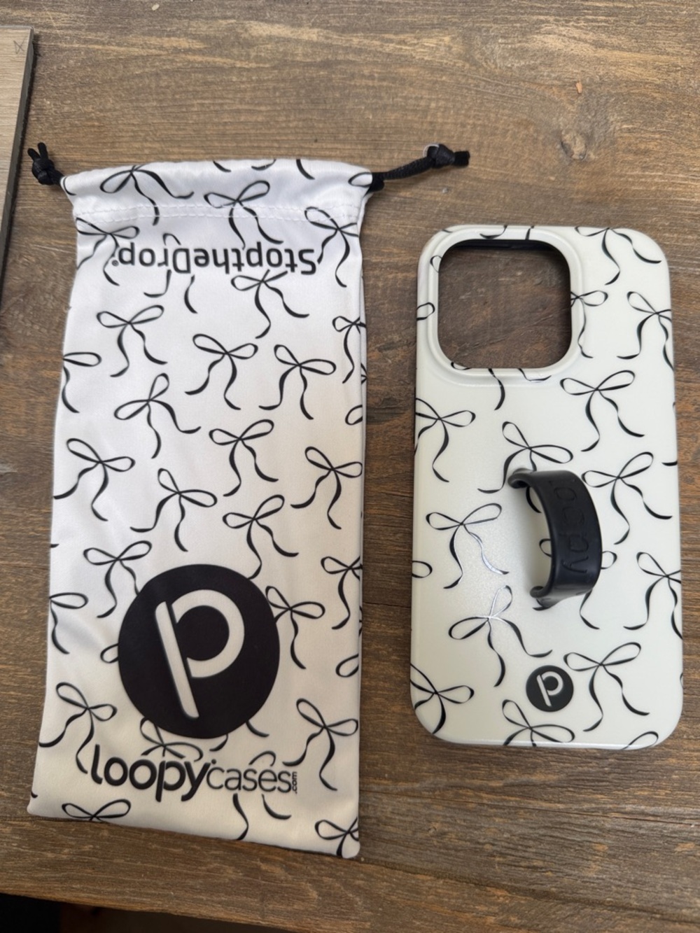 Loopy Case White Phone Case with Black Bow Print and Black Loop